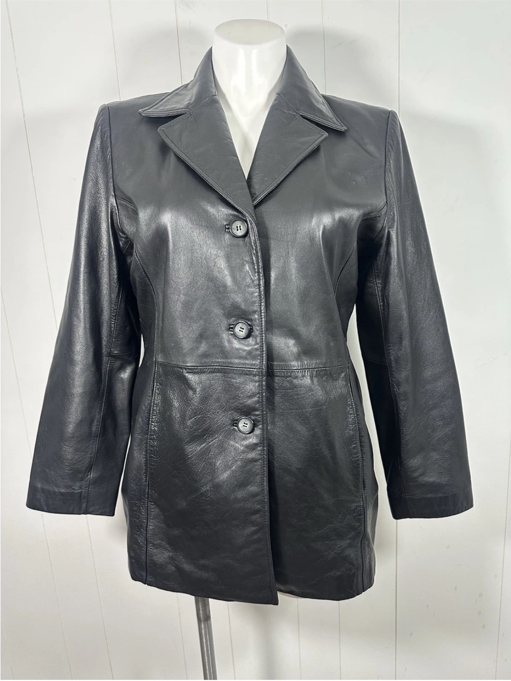JLC New York Sz XL Women's Black Leather Button Front Coat Jacket Mid-Length